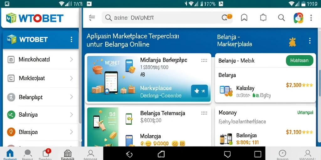 Screenshot tampilan utama aplikasi WTOBET dengan berbagai produk marketplace.